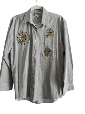 ASOLOAS Gray Striped Button-Down Shirt with Sun Embroidery